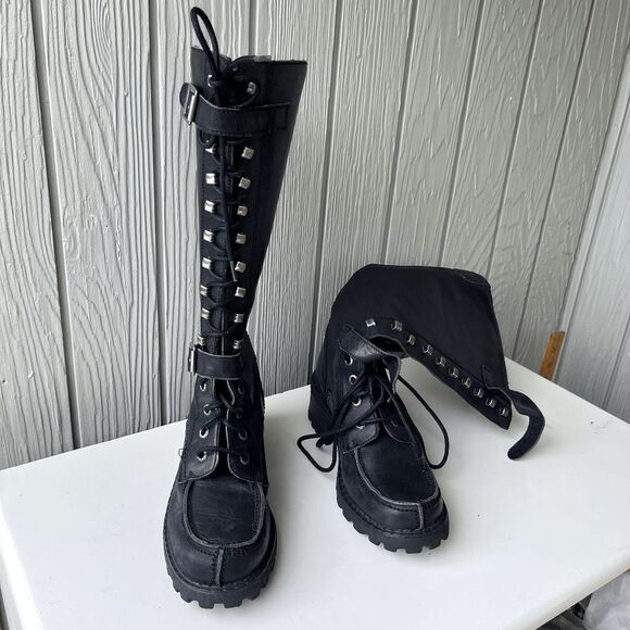 VTG Zodiac Black Leather Combat Boots SZ 7 Platform Lug Sole Y2K Gothcore - Picture 2 of 10